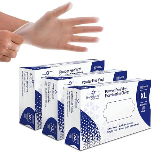 MediHands Clear Vinyl Gloves Extra Large Disposable Surgical Gloves, Powder Free Latex Free & Protein Free, Food, Multi Use, Pack of 300