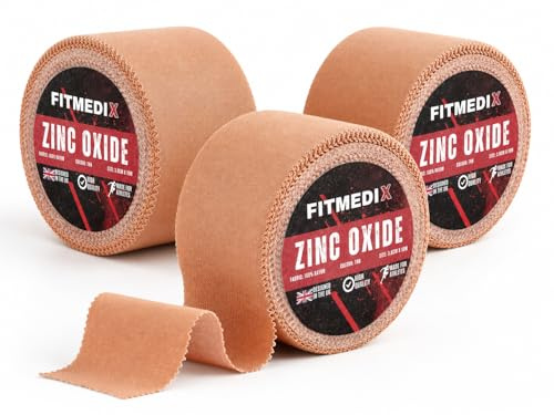 FitMedix Zinc Oxide Tape - 3.8cm x 10m (Tan) - High Strength Sports Tape - Plantar Fascia, Wrist & Knee Tape - Blister Prevention Tape - Athletic & Ankle Tape for Netball, Football, Rugby (3 Rolls)