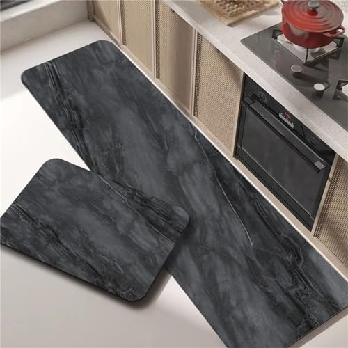 Hixingo Alfombra Cocina Antideslizante Lavable, Estampado Mármol Alfombra Diatomita Cocina Secado Rápido Alfombras de Pasillo Absorbente Kitchen Floor Mat para Baño (Negro,50x80cm)