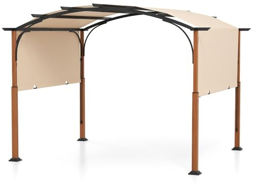 HOMASIS Pergolato Curvo 3,6 x 3m, Gazebo da Giardino con Copertura a Scomparsa, Gazebo Esterno Resistente con Tetto Regolabile in Poliestere, Tettoia per Esterno, Cortile (Beige)
