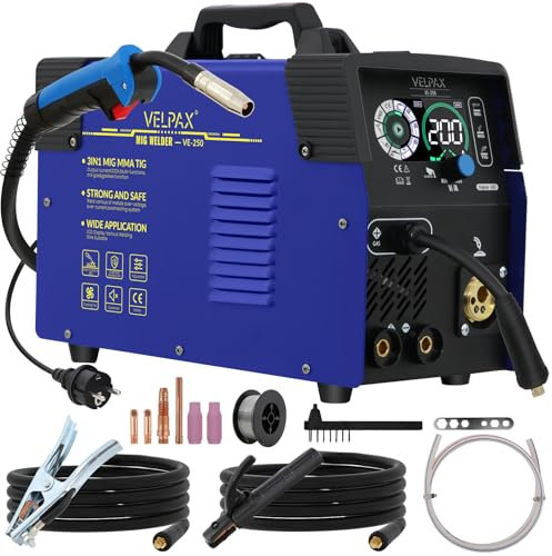 VELPAX Poste à Souder MIG-200,Poste A Souder MIG MMA TIG 200Amp MIG/Stick MIG Sans gaz Flux Core MIG,Soudage par points, IGBT Inverter Poste A Souder,avec Pistolet Soudage MIG,Fil de0.8mm