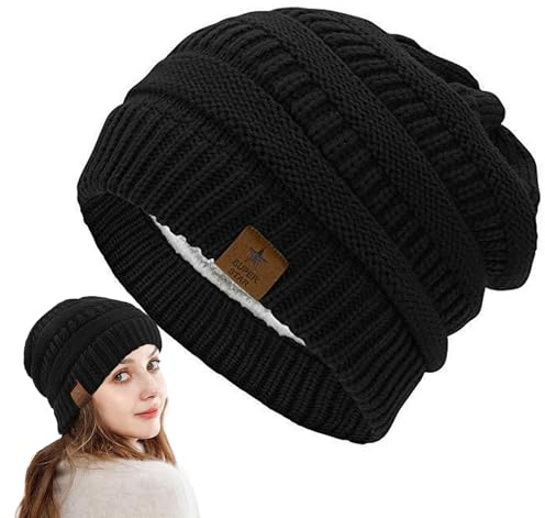 XdealCozyxc Beanie Hats for Women, Thermal Heat Holders Winter Hats for Women Outdoor Black