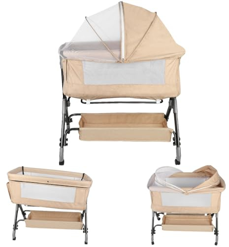 Kedia - Cuna de bebé con mosquitera, cama para bebé y cama de viaje con ruedas, cunas de ajuste de altura, cunas de cododo (104 x 52 x 103 – 115 cm), color beige blanco