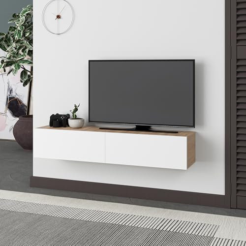 HOCUS PICUS Floating TV Stand with 2 Doors Storage Cabinet and Hidden Fixture with Modern Design for Store & Organize Items 135(W) x32(D) x25(H) cm Living Room, Office (Oak - White)