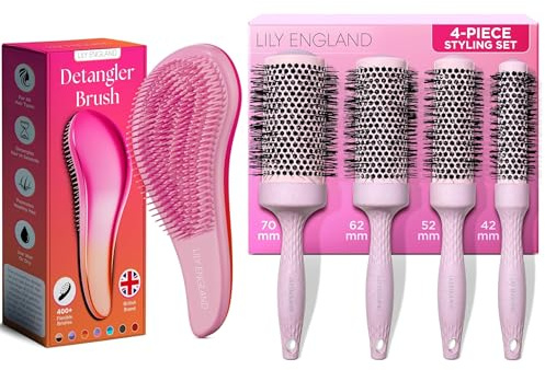 Pink-Orange Detangler Brush with Bio Round Brush Set – Complete Hair Care Bundle for Tangle-Free Styling and Professional Blowouts