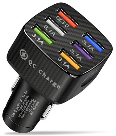 JNNJ Chargeur De Voiture Multi-USB, Charge Rapide 3.0 Adaptateur Allume-Cigare, Chargeur Voiture 6 Ports Multi-Protection, Accessoires Universels Décoratifs Intérieure pour Automobile(Noir)