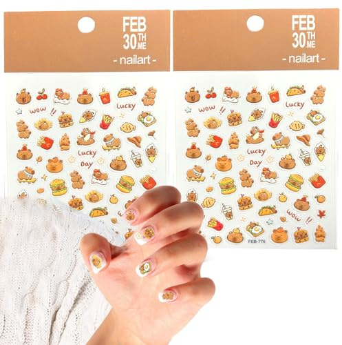 Nagelsticker, 2 Blatt Capybara Nagelsticker, Capybara Relief Nagelaufkleber, Charms Nägel, Fingernägel zum Aufkleben Kinder, DIY Nail Art Dekoration für Frauen Mädchen Kinder