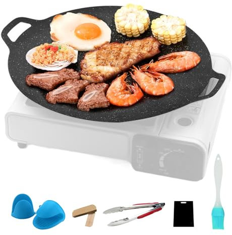 Korean-Style Barbecue Grill Pan, 12.6-Inch Smokeless Cast Iron BBQ Plate Kitchen Accessories, Non Stick Coating Griddle Baking Tray for Induction Cooker, Picnic, Home Cooking, Indoor Outdoor Grilling