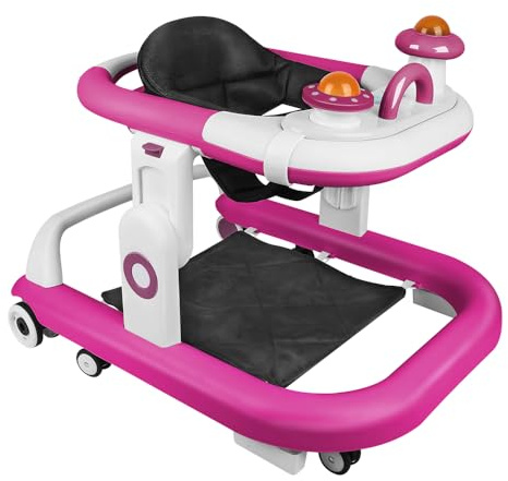 2in1 Lauflernhilfe Babywalker mit Speiseteller, 5 Höhenverstellbar, Anti-Collision Design One-Touch Folding Baby Walker, mit Musik, Anti-Roll 6-Rad-Rundfahrwerk, Kinder ab 6 Monaten
