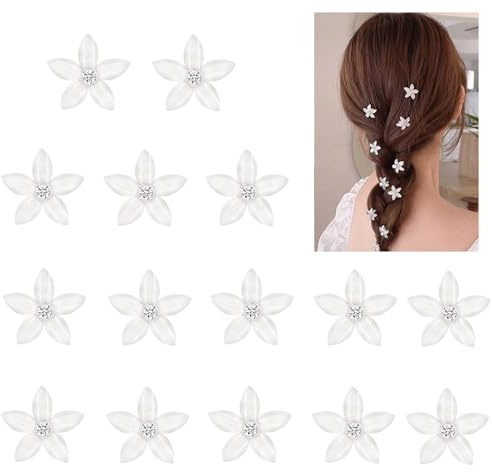 15PCS Mini Fermagli per Capelli con Fiori e Strass Bianchi, Eleganti Mollette Floreali in Resina Acrilica per Donne e Ragazze - Accessori Perfetti per Compleanno e Matrimonio