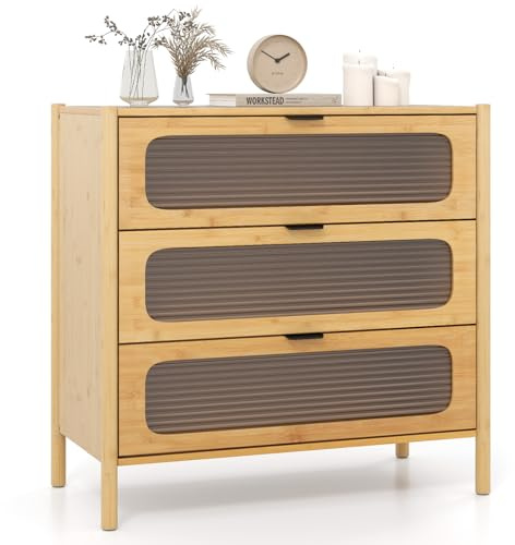 GIANTEX Commode en Bambou à 3 Tiroirs, Table de Chevet à 3 Niveaux avec Kit Antibasculement et Décoration en Verre Trempé, Meuble de Rangement en Bois pour Chambre à Coucher et Salon, Naturel
