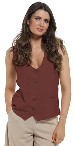 Gilet da donna in misto lino, senza maniche, con bottoni sul davanti, con allacciatura posteriore regolabile e tasche, leggero, elegante, casual, a strati, disponibile in ruggine o nero, taglie 42-52