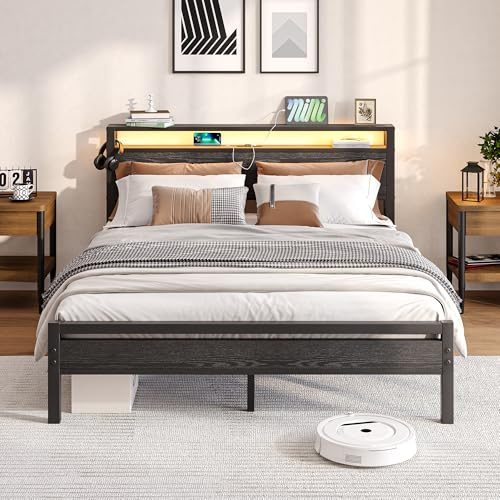 BORPHOM Sängram med laddningsstation, LED-belysning, dubbelsäng, gästsäng, metallsäng, 160 x 200, sängram av metall, ungdomssäng, med ribbotten, sänggavel i svart, för sovrum, gästrum