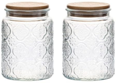 2PCS Vintage Patterned Glass Jar with Lid 750ml Sealed Food Transparent Glass Storage Jar Airtight Food Storage Jar for SnacksPasta Flour Food Storage Container for Tea CoffeeSugar KitchenDecoration