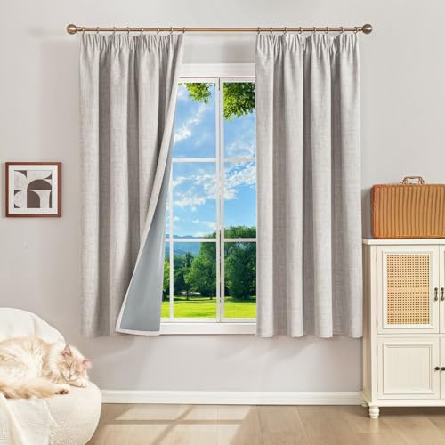 Runyéla 100 % mörkläggningsgardiner, termiska gardiner, köldskydd, gardiner med veckband, 160 x 140 cm (H x B), set om 2, linneutseende, gardiner, ogenomskinliga, gråvita, skjutgardiner, vardagsrum