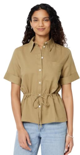Amazon Essentials Camicia a Maniche Larghe e Regolabile in Vita, in Misto Lino, Vestibilità Comoda Donna, Tan, M