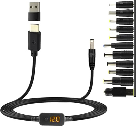 USB C PD to DC Adapter Power Cable Charger 5V 9V 12V 15V 20V 60W Adjustable Voltage Type C to DC 5.5 X 2.1mm Plug Charging Power Supply Cord with 10 DC Universal Conversion Heads for Routers Notebooks