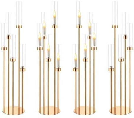 4 Set 5 Arms Gold Candelabra Centerpieces, 66-106cm Height Floor Candleholders with Acrylic Lampshade, Metal Candlestick Stand for Wedding Table Birthday Party Home Decoration (Fits LED Candles)