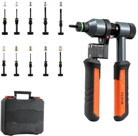 VEVOR Riveteuse Manuelle à Cliquet 21 cm, Kit d'Outils à Riveter Complet, pour Bricoleur Maison, Pince à Écrous à Sertir avec 10 Mandrins Métriques et SAE, 100 Écrous, avec Mallette de Transport