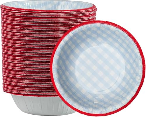 Cherypick Paper Bowls 8 oz/240 ml, 50 Pack Gingham Heavy Duty Paper Bowls | Strong and sturdy with leak and cut resistance. Ideal for desserts, snacks, picnics, BBQs and garden parties