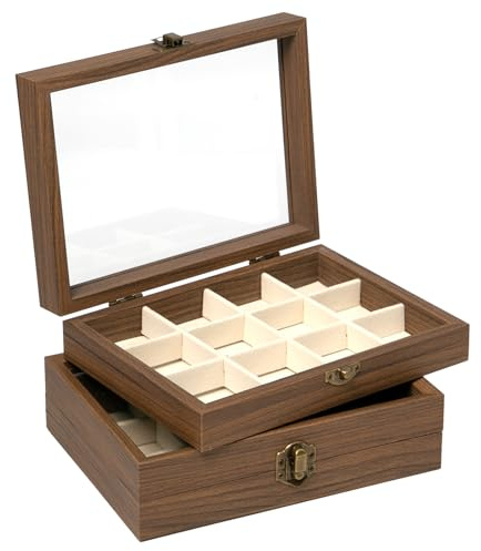 Rebanky 2 Edelstein Sammelboxen aus Holz mit 12 Fächern, für Mineralien | Stein Sammelbox mit Deckel und Schnalle Setzkästen für Mineralien, Kristalle, Fossilien und kleine Steinsammlungen