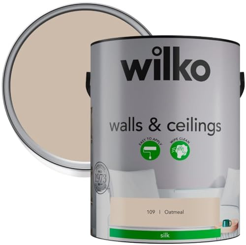 wilko Silk Paint 5L, Emulsion Paint, Walls & Ceiling Paint, Oatmeal, Premium Quality, Easy Application, Hard-wearing, Wipe Clean, 60 Square Metres Coverage, For Interior Walls