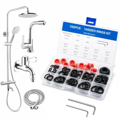 102 Stück O-Ring Set für Wasserhahn, Dusche & Eckventil, 14 Größen | Mit PTFE-Band, 10 PTFE-freien Dichtscheiben, 2 Inbusschlüsseln & Sortimentsbox für schnelle Reparaturen im Haushalt