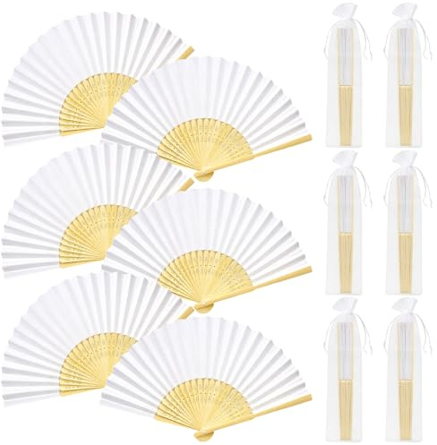 WestCH 12 Piezas Abanicos Blanco Boda Invitados Mano, Abanicos Blancos para Pintar, con Bolsa de Organza, para DIY Decoraciones Bodas Bautizos Fiestas, 21 cm