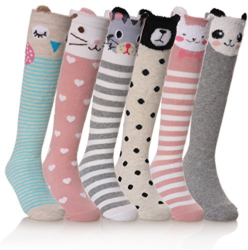 FNOVCO Girls Knee High Socks Kids Crazy Fun Gift Cute Animal Patterns Cotton Long Socks 6 Pairs (6 Pairs Animal)