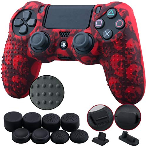 9CDeer 1 Stück von Silikon Wassertransfer Schutz Ärmel Fall Abdeckung Haut Hülle Cover Skin +8 Aufsätze Daumengriffe Analoge Kappen +2 Staubdicht Stecker für PS4/Slim/Pro Controller Schädel rot