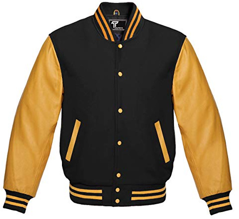 Tripex Letterman Baseball School College Bomber Varsity Jacket Wool Blend & Genuine Leather Sleeves (Black Gold, XL)