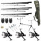 Komplettes 23-teiliges Karpfenset von FISH-XPRO - 3 Karpfenruten - 3 Freilaufrollen inkl. Angelschnur - 3 Elektronische Bissanzeiger - 3 Swinger - 1 Rod Pod - 3 Heckstützen - 1 Reisetasche