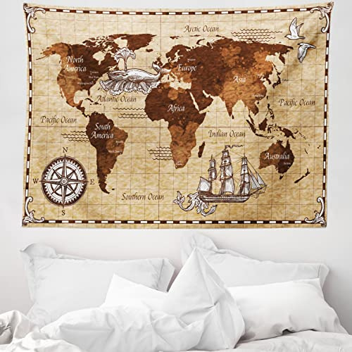 ABAKUHAUS Karte Wandteppich, Retro Skizze Weltkarte aus Weiches Mikrofaser Stoff Waschbar ohne Verblassen Digitaldruck, 150 x 110 cm,Braun und Sand Braun