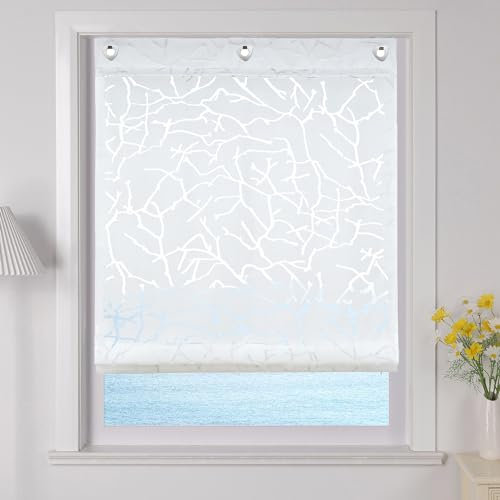 ESLIR Raffrollo mit U-Haken Gardinen Küche Raffgardinen Halbtransparent Ösenrollo Vorhänge Modern Ausbrenner Weiß BxH 60x140cm 1 Stück