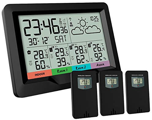 infactory Wetterstation 3 Sensoren: Funk-Wetterstation; 3 Funksensoren; innen/außen; XL-Display; Wecker (Funk Thermometer mit 3 Sensoren, Funkwetterstation mit 3 Sensoren, Digitale Wanduhr)