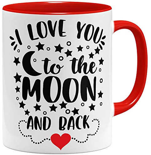 OM3® I love you to the moon and back Liebe Tasse für Partner - Keramik Becher - 11oz 325ml - Beidseitig Bedruckt - Rot