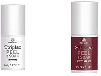 alessandro Striplac Peel or Soak Top Coat – LED-Überlack für eine perfekt glänzende Farblackierung – 8ml & Striplac Peel or Soak Velvet Red – LED-Nagellack in dunklem, samtigen Rot – 1 x 8ml