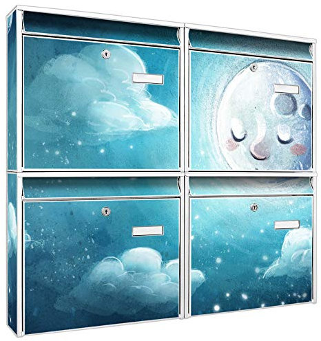 banjado Briefkastenanlage 4 Fach - Postkästen groß - verzinkter Stahl weiß DIN A4 Motiv Mond Kinder - Briefkasten Set 4 Briefkästen Namensschild, 2 Schlüssel, Montagematerial