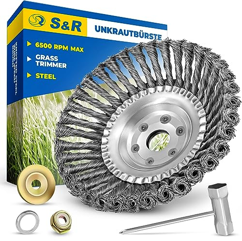 S&R Cepillo Cabezal Desbrazadora Malas Hierbas Maleza, Cepillo de Alambre para Cortacespedes de Acero Resistente 200 mm x 25,4 Cepillo Cónico