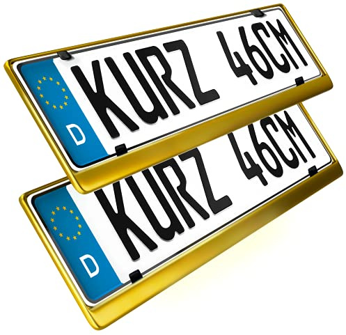 2 Kurze Kennzeichenhalter in Edelstahl für 46cm Kennzeichen - 100% Edelstahl - auch passend für gebogenen Stosstangen- INOX C.4580 460mm Halter (Gold-Chrom)