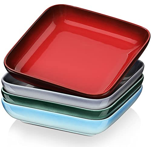 LOVECASA Set di 4 Piatti Vuoti in Gres Porcellanato, 1050 ml, Piatto Fondo per Pasta Quadrata, 21 x 21 x 4,6 cm, 4 Colori Sfumati