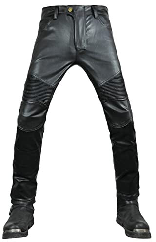 ORANDESIGNE Pantaloni da Moto da Uomo Estate Touring in Pelle per Moto da Crociera con Protezione Motociclista CE Armor Nero E Nero XL
