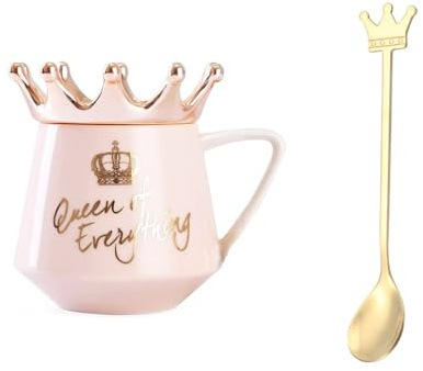 Xfeyaqlo Taza con Cuchara y Tapa, Taza Corona Tazas Desayuno Bonitas, para Desayuno, Té, Café, Leche, para Hogar, Oficina, Regalos para Familiares, Amigos (300ml, cerámica, Rosa)
