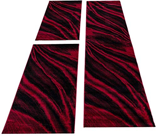 Carpettex Kurzflor Läufer Set 3 Teilig Designer Velour Teppich Weich Bettumrandung Flur Schlafzimmer Teppich 12 mm Florhöhe Rot Meliert, Farbe:Rot, Bettset:2 mal 80x150 cm + 1 mal 80x300 cm