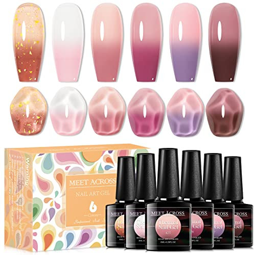 MEET ACROSS UV Nagellack Farbwechsel Thermo Farbgel 6 Farben Gel Nagellack Transparent Jelly Set Rosa Weiß Gel Chamäleon Nagelgel UV Change Gellack Nail Polish