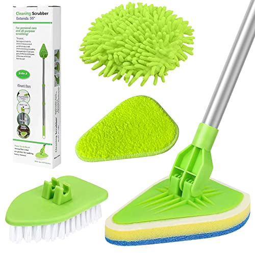 WenYa 4-in-1 Bathroom Cleaning Brush with Long Handle 90cm Extendable Green | Tub and Tile Scrubber with Microfiber Pad, Scrubbing Sponge and Coral Velvet Mop Head for Bathroom Floor Tile Sink Bathtub