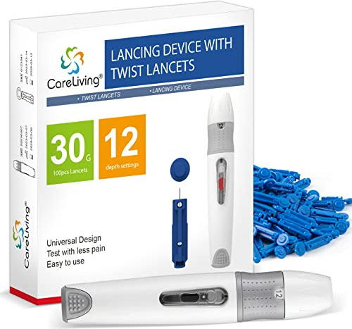 CareLiving Lancing Device and 100 Lancets, Single Use, 30 Gauge Lancets, for Minimizing Pain and Discomfort