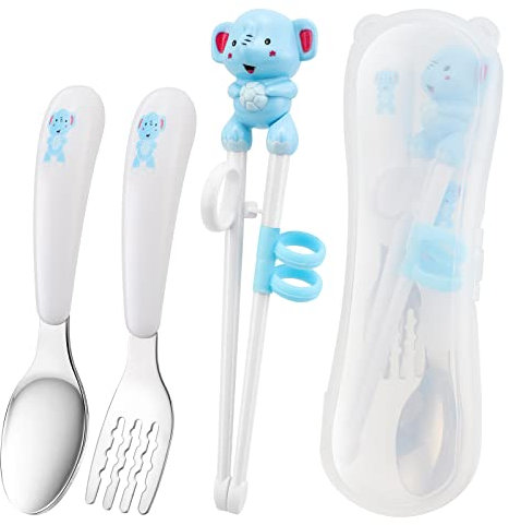3Pcs Kinder Training Essstäbchen, Elefant Lernen Essstäbchen Mehrweg Lernen Stäbchen Chinesische Chopsticks Trainieren von Essstäbchen für Anfänger Kinder mit Löffel Tragbaren Box, Blau