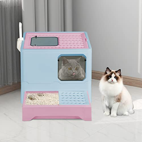 Bandeja de arena para gatos grande con tapa, gran bandeja de arena plegable con cajón y pala, fácil de limpiar (45 x 35 x 38 cm (azul)