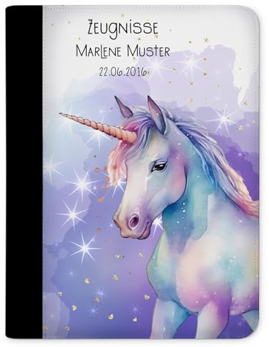 CreaDesign Zeugnismappe A4 mit Namen personalisiert – Einhorn Watercolor – für Mädchen – Dokumentenmappe Schule ohne Klarsichthüllen